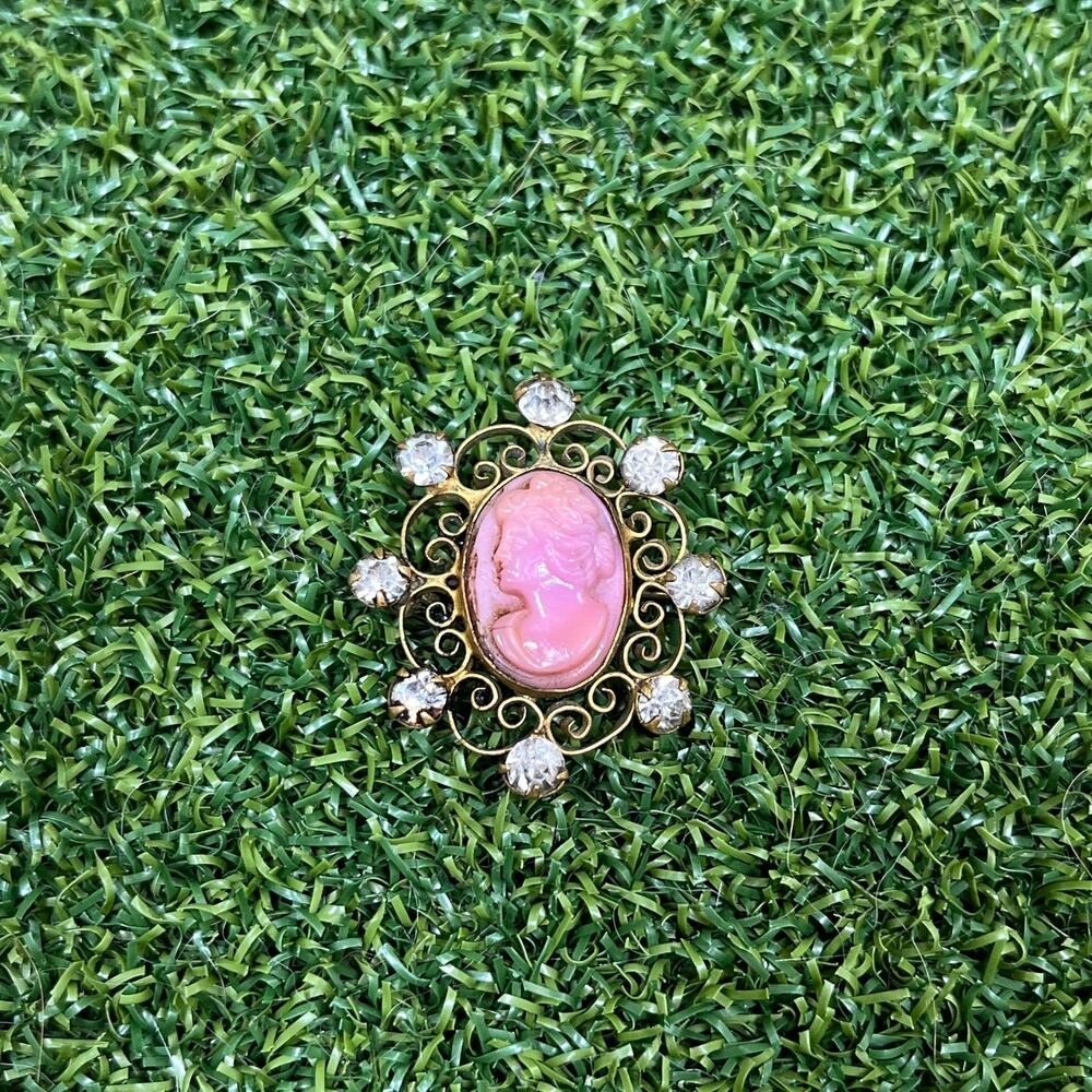 Vintage Gold Tone Pink Profile Portrait Cameo Filigree Brooch